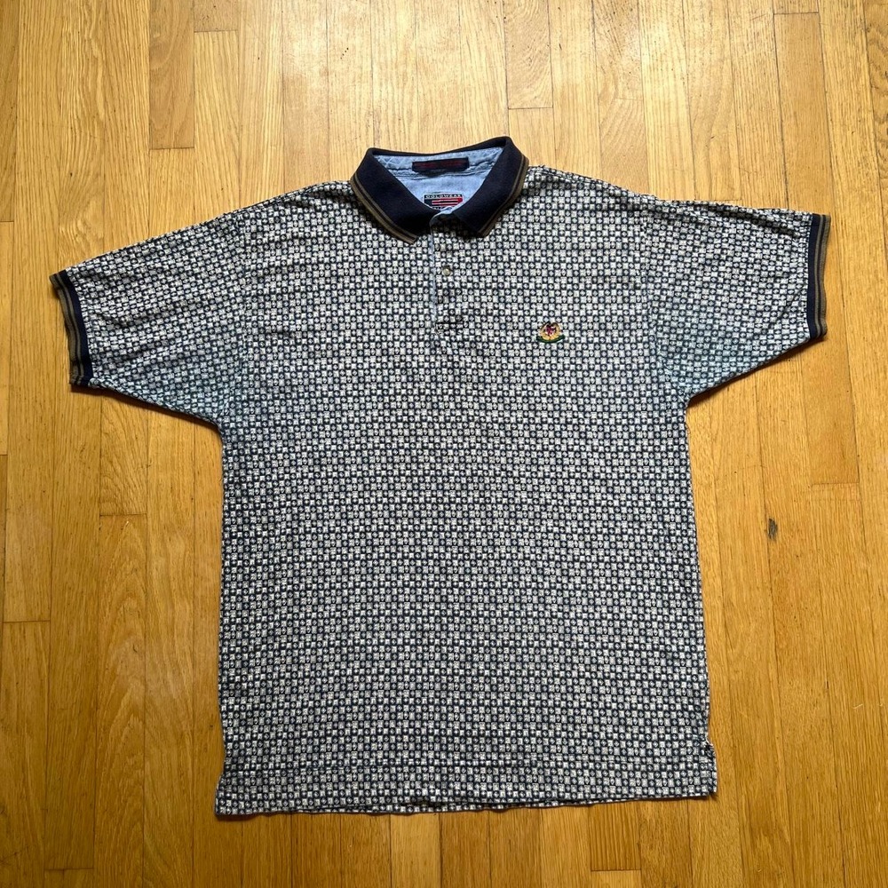Colowear America 90s white & blue geometric pattern polo shirt